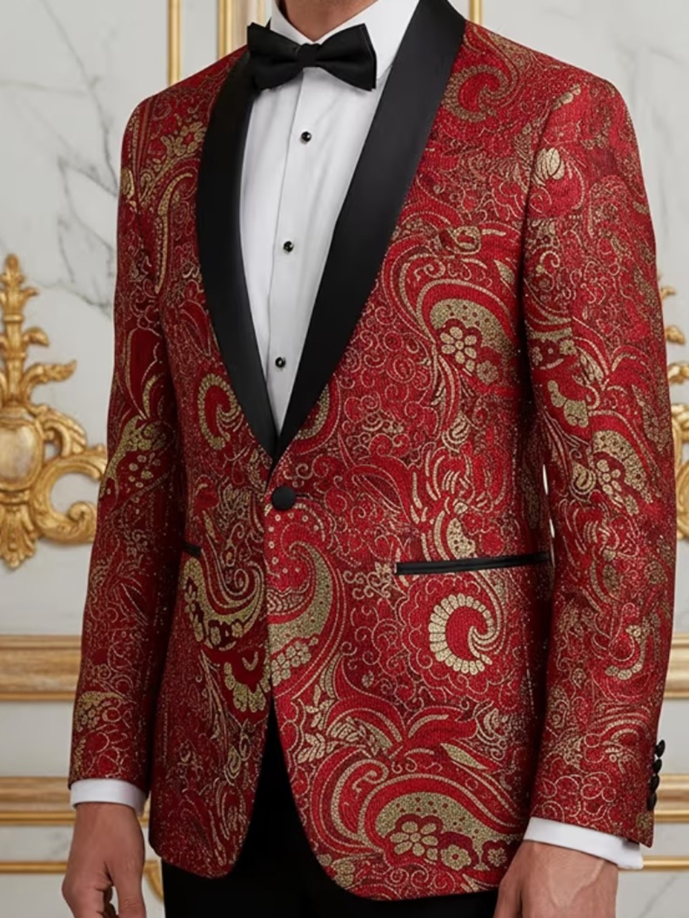 Coofandy Blazer Floral Red & Gold Paisley Tuxedo Jacket Elegant Wedding‎ Evening